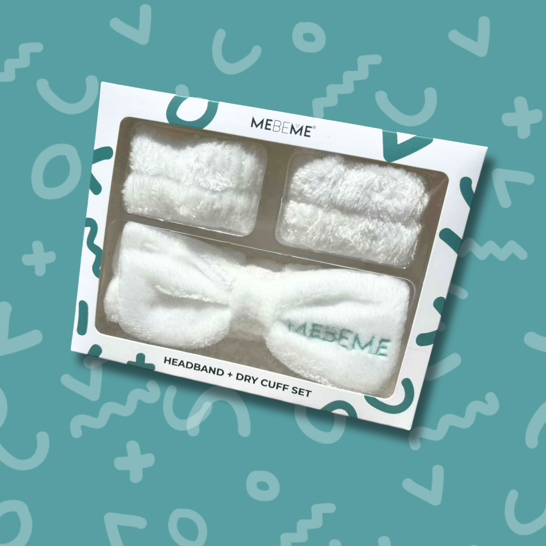 MEBEME white headband and dry cuff set in box.