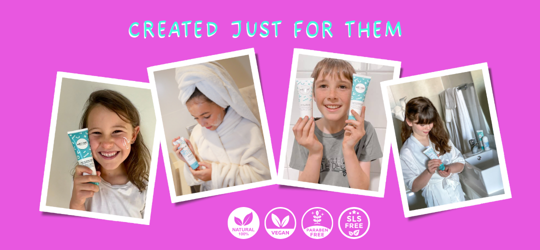 Tweens holding gentle skincare for tweens and teens by MEBEME 