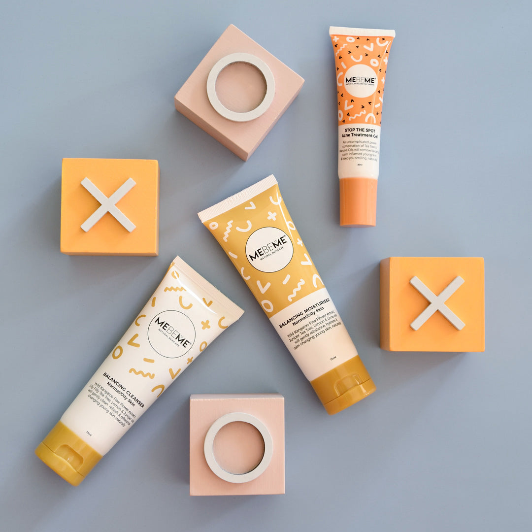 MEBEME skincare products on a gray background