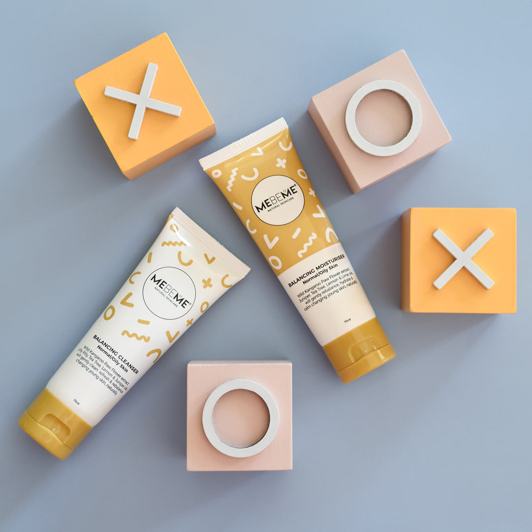 MEBEME skincare products on a light blue background