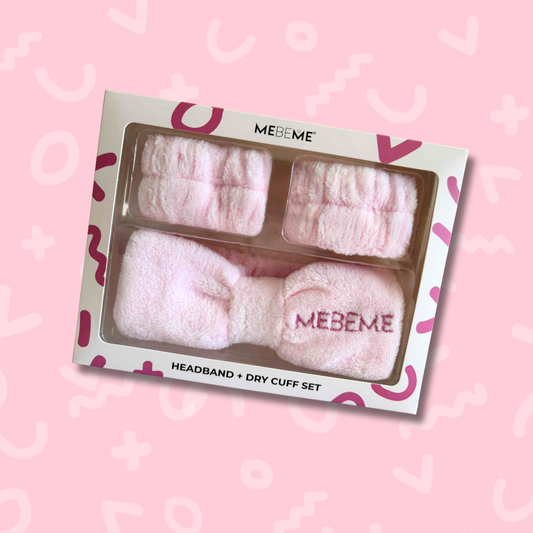 MEBEME headband and dry cuff set in box on a pink background.